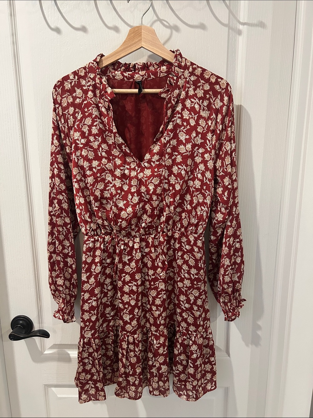 Mango Burgundy Long-Sleeve Floral Ruffle Dress